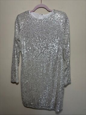 CeCe Silver Sequin Midi Dress with Long Sleeves